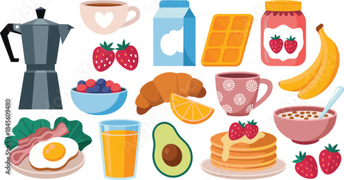Breakfast food and drink icons set vector illustration with coffee bread fruits pancakes and healthy morning meal