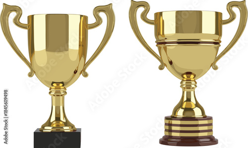 Pair of realistic 3D golden trophy cups, symbolizing first place, success, and victory, with ornate handles and glossy bases, isolated on a white background for awards vector illustration.
