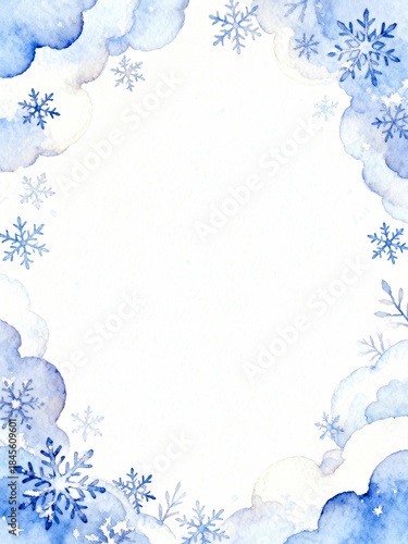 Watercolor winter frame with bare snowy branches and snowflakes