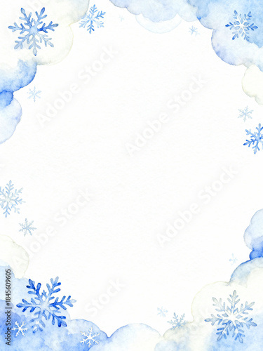 Watercolor winter frame with bare snowy branches and snowflakes