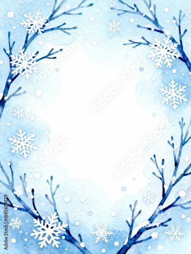Watercolor winter frame with bare snowy branches and snowflakes