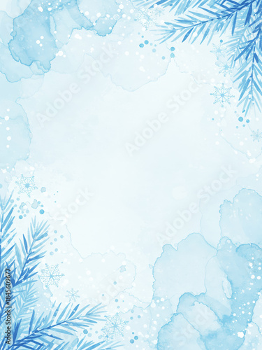 Watercolor winter frame with bare snowy branches and snowflakes