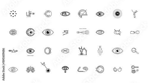 A large collection of minimalist eye icons and symbols for design and medical purposes