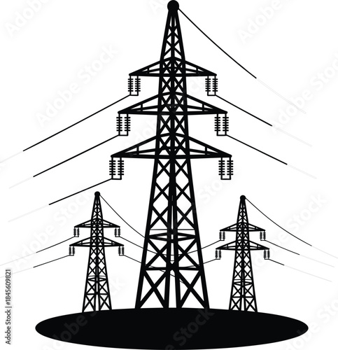 High-voltage electricity transmission pylon towers silhouette, power lines, energy, electric infrastructure, modern technology