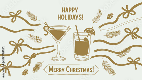 Holiday Cocktails Vintage Hand-Drawn Illustration with Festive Ribbons and Christmas Text