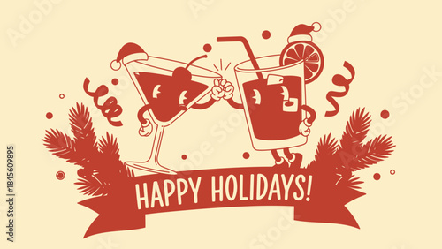 Holiday Cocktails Toasting with Santa Hats in Retro Vector Illustration