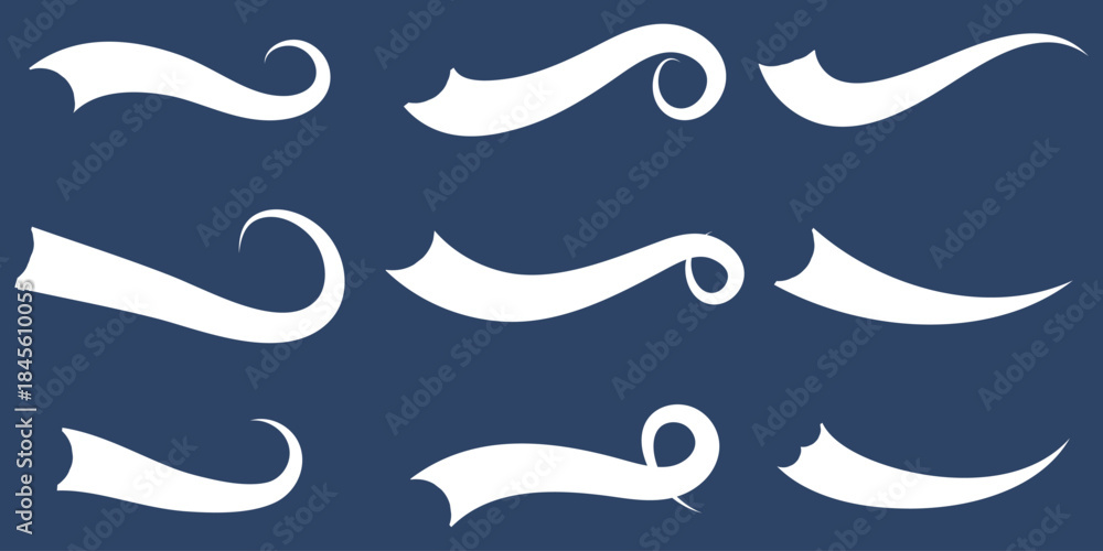 Obraz premium Swoosh line vector, underline swish, stroke swash swirl, curly hand drawn text calligraphic brush tail, black fireworks icon set. illustration in eps 10.