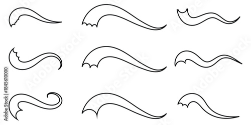 Swoosh line vector, underline swish, stroke swash swirl, curly hand drawn text calligraphic brush tail, black fireworks icon set. illustration in eps 10.