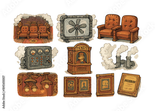 Theater elements flat icon set. featuring seats, vault, control panel, ticket booth, pipes, and program