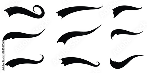 Swoosh line vector, underline swish, stroke swash swirl, curly hand drawn text calligraphic brush tail, black fireworks icon set. illustration in eps 10.