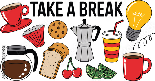 Take a break coffee and snack vector illustration with drinks cookies and light bulb icons for relaxation concept