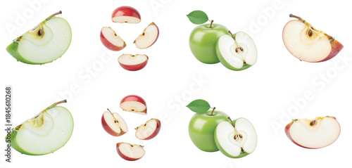 Assorted fresh green and red apple slices and whole fruits isolated on white background