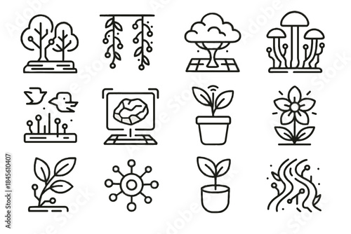 Data plants icons nodes floating vines vector virtual icon augmented forest digital