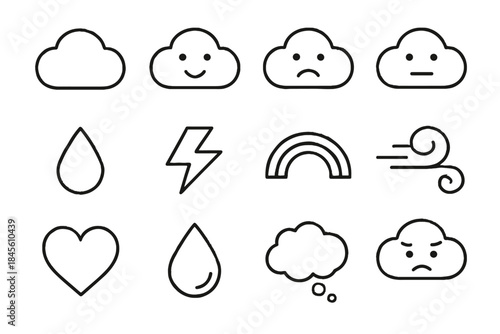 Emotion happy cloud vector arc icon heart sad face emotive outline bolt