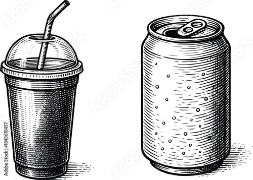 Vintage Hand Drawn Soft Drink Cup and Soda Can Illustration