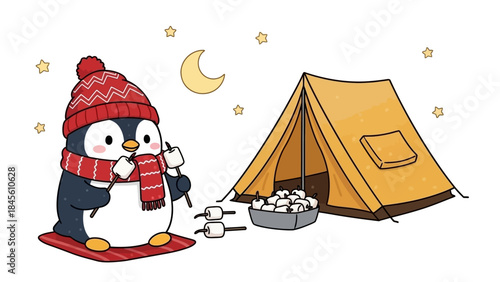 Penguin enjoys camping under the stars with a warm drink and marshmallows.