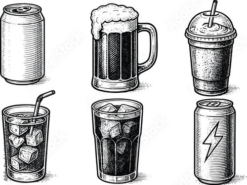 Vintage Hand Drawn Beverage Set with Soda Beer and Cold Drinks