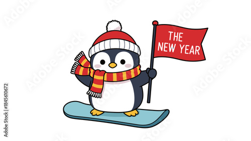 A cartoon penguin snowboarding with a flag and winter clothing on a snowy slope outdoors