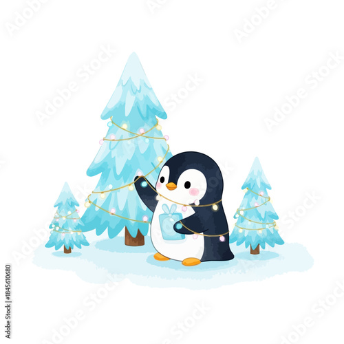 Penguin decorates Christmas tree with festive lights in winter landscape