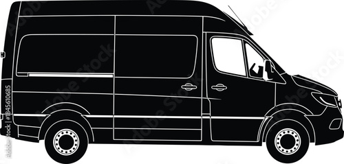 Cargo van silhouette, black white vector, commercial vehicle, side view, delivery transport, fleet icon, high roof van, technical drawing