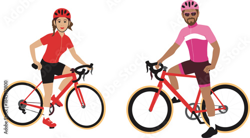 Couple cycling on road bikes, man and woman with helmets, sport, training, active lifestyle, illustration