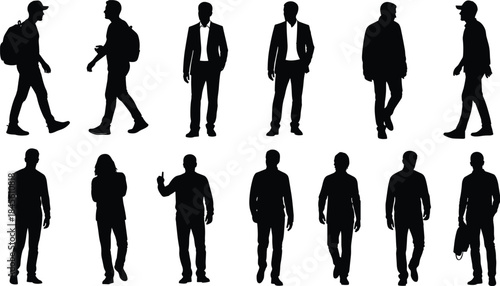 Human silhouettes, walking, standing, casual and formal attire, black vector, diverse poses, people icon, fashion mix, gesture illustration