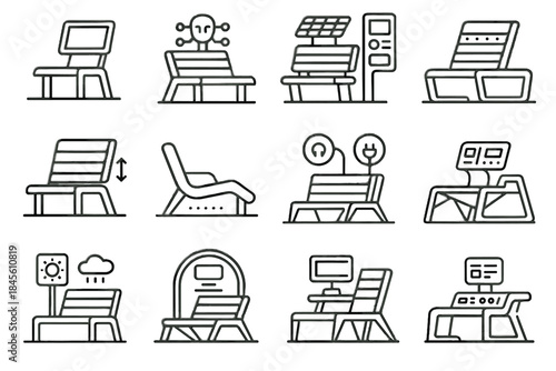 Futuristic smart responsive backrest connected system hub icon display holographic vector bench