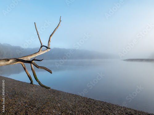 view of The River Hamble Hampshire England home to HMS Cricket the Royal Marine landing craft crew training base during World War II on a misty winter day