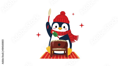 A penguin in winter clothes plays a drum with a stick on a red mat.