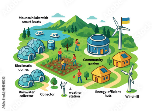 Sustainable living flat icon set. featuring bioclimatic domes, smart boats, community garden, windmill, and energy-efficient huts