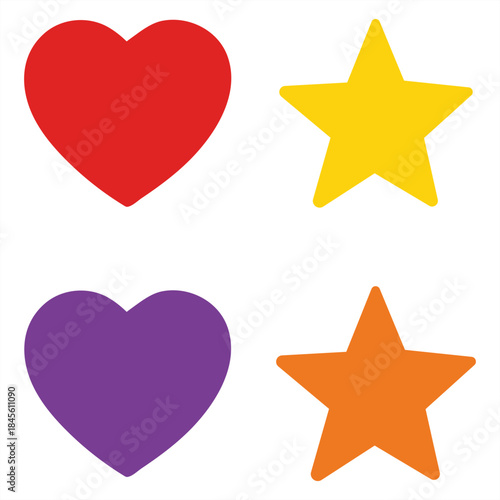 Geometric Love and Celebration Two hearts and two stars in vibrant colors, symbolizing love, happiness, and achievement. Simple shapes convey complex emotions, suitable for many designs.