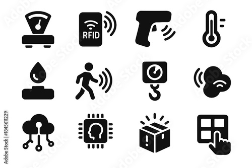 Vector virtual rfid monitoring load scanner interactive sensor barcode icon supply chip