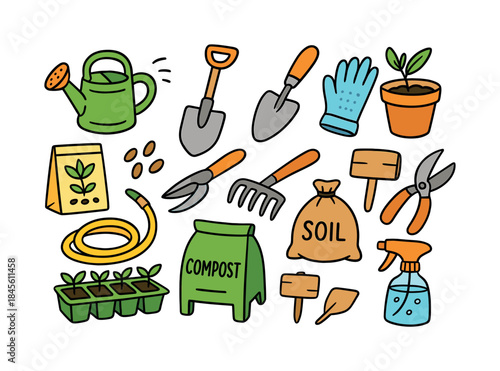 Gardening tools flat icon set. featuring watering can, trowel, shovel, glove, plant pot, seeds, hose, and compost bin