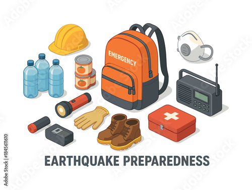 Emergency preparedness flat icon set. features backpack, flashlight, first aid, radio, water, mask, gloves