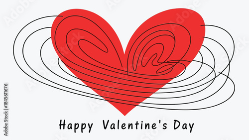 Red heart with spiral black lines on white background happy valentine's day