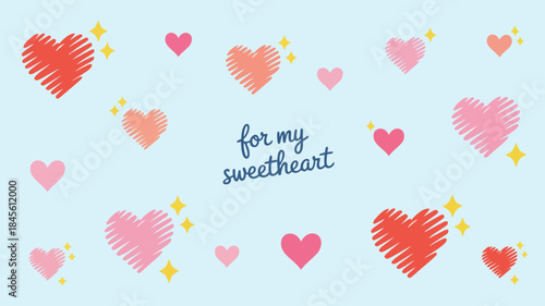 Colorful hand drawn hearts with stars on light blue background for sweetheart