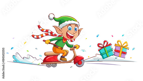 A silly cartoon elf zooming through the snow on a candy cane scooter, gift boxes wobbling, joyful Christmas energy. vector icon