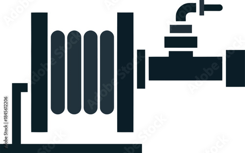 'Industrial hose reel vector illustration connected to piping system for water or fluid delivery'