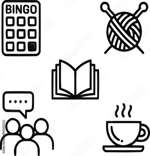 Social Engagement Outline Icon Set Bingo, Book Club, Knitting, and Group Chat Symbols