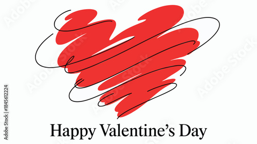 Diagonal red heart with sweeping black lines on white background for valentine's day