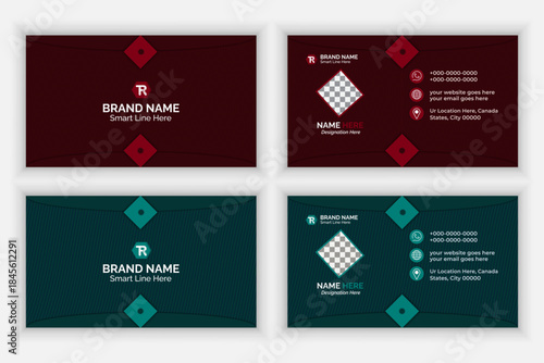Modern combo business card template design set with rectangle maroon and dark aqua color shapes.