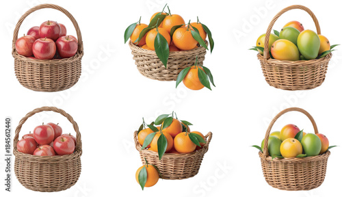 Delicious red apples, juicy oranges, and ripe mangoes beautifully displayed in rustic wicker baskets