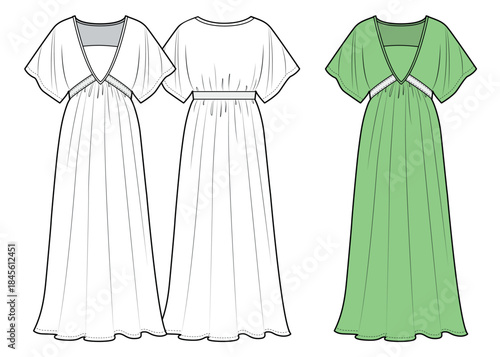 Romantic dress fashion sketch, sleeves wide fit