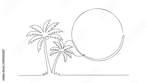 A minimalist line drawing depicts two palm trees with coconuts against a large, incomplete circle representing the sun or moon.