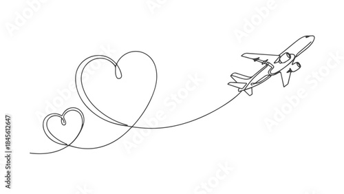 An airplane draws a heart shape in the sky with its contrail, symbolizing love and travel.