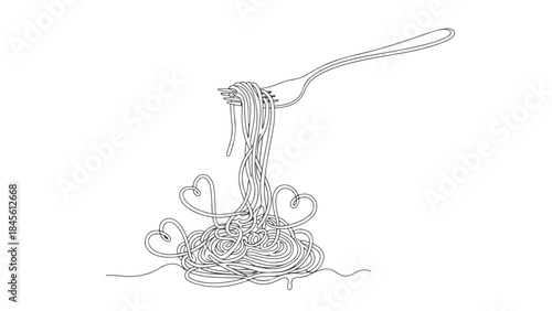 A fork twirls spaghetti into a heart shape, symbolizing love for food.