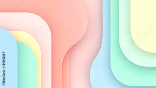 Vibrant abstract background with layered pastel shapes in various colors and smooth curves