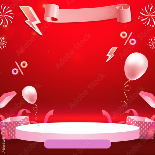 Modern-style product display stands, gift boxes, discount cards. Flash sale events, big sale offers, poster labels.