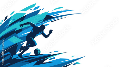 Blue Green Abstract Geometric Pattern with Running Football Player for Dynamic Sports Illustration, Athletic Branding, Speed Marketing, and Digital Sports Artwork