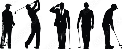 Set of black vector silhouettes featuring male golfers swinging, putting, walking, and a businessman in a suit holding a club on white.
